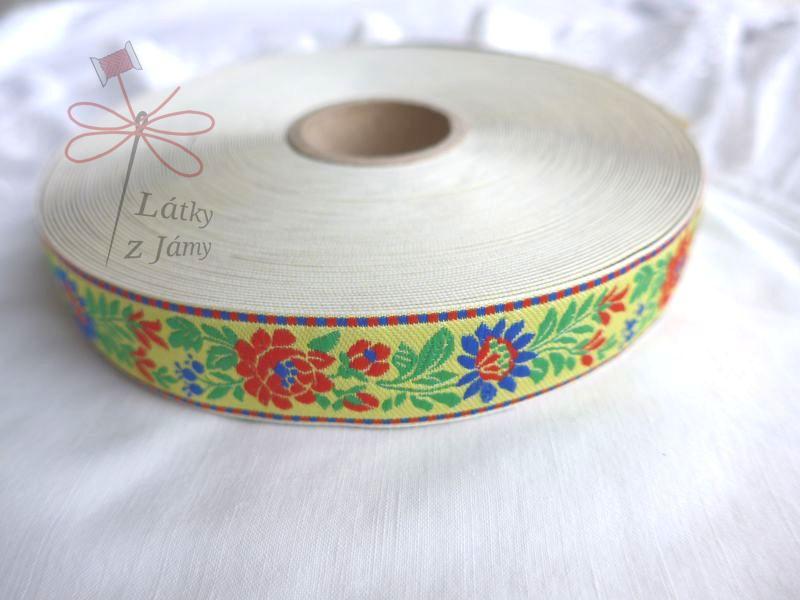 Stuha - Žlutá s červenou růží a modrým