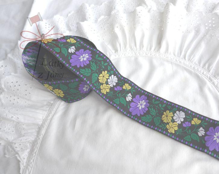 Stuha - Černá s fialový květ se žlutými