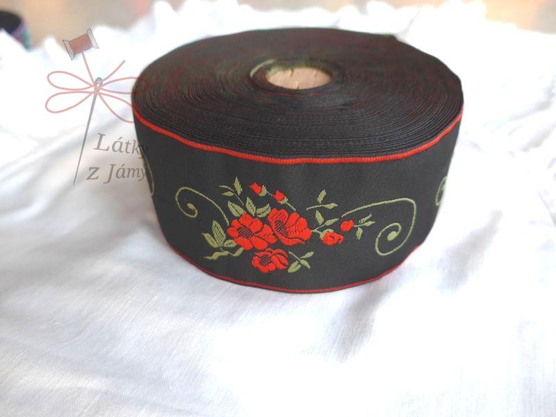 Stuha - Černá s červenými růžičkami