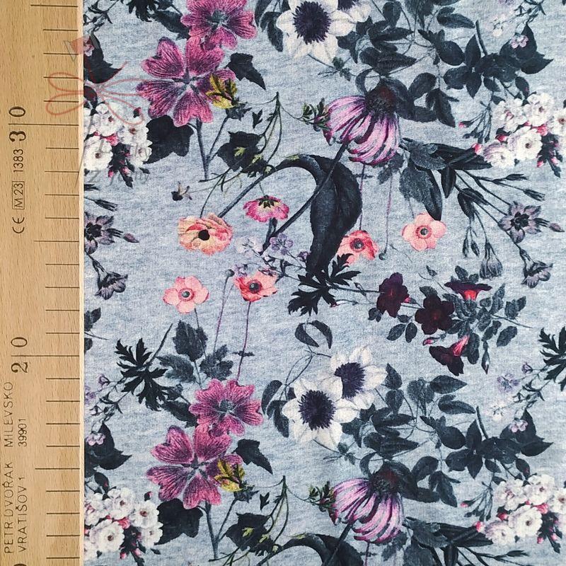 Teplákovina nepočesaná 250g - Květy na šedé