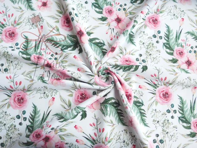 Teplákovina nepočesaná 250g - Růže na bílé