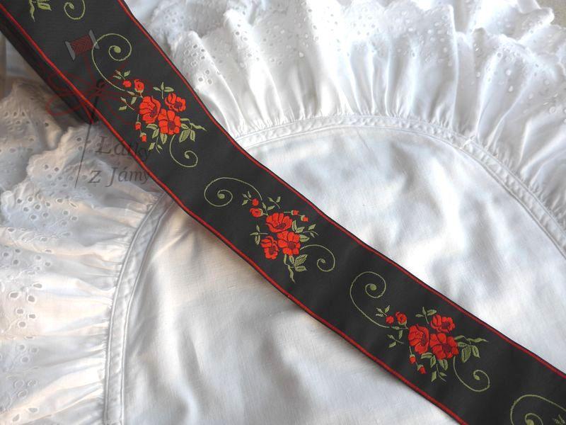 Stuha - Černá s červenými růžičkami