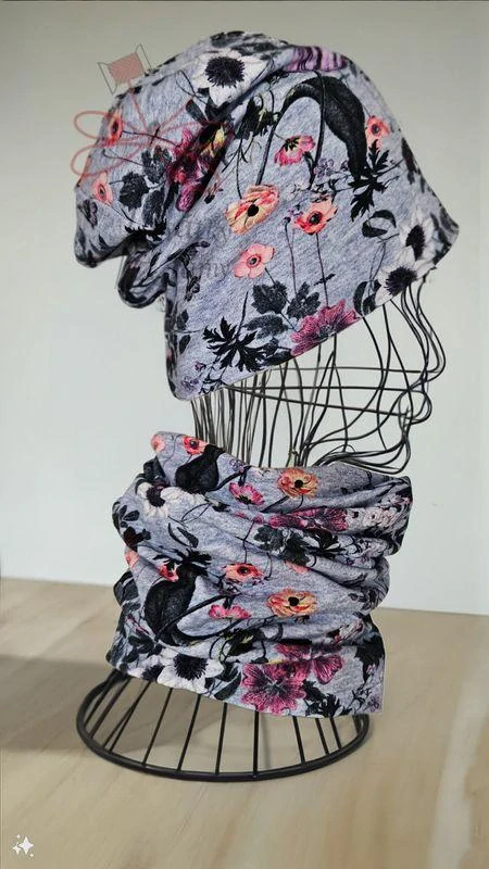 Teplákovina nepočesaná 250g - Květy na šedé