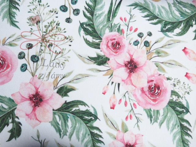 Teplákovina nepočesaná 250g - Růže na bílé